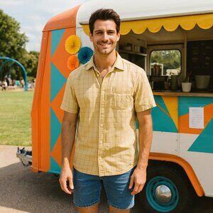 Columbia‎ Men XL Tan Plaid Logo Pocket Short Sleeve Button Work Casual Shirt Y2K